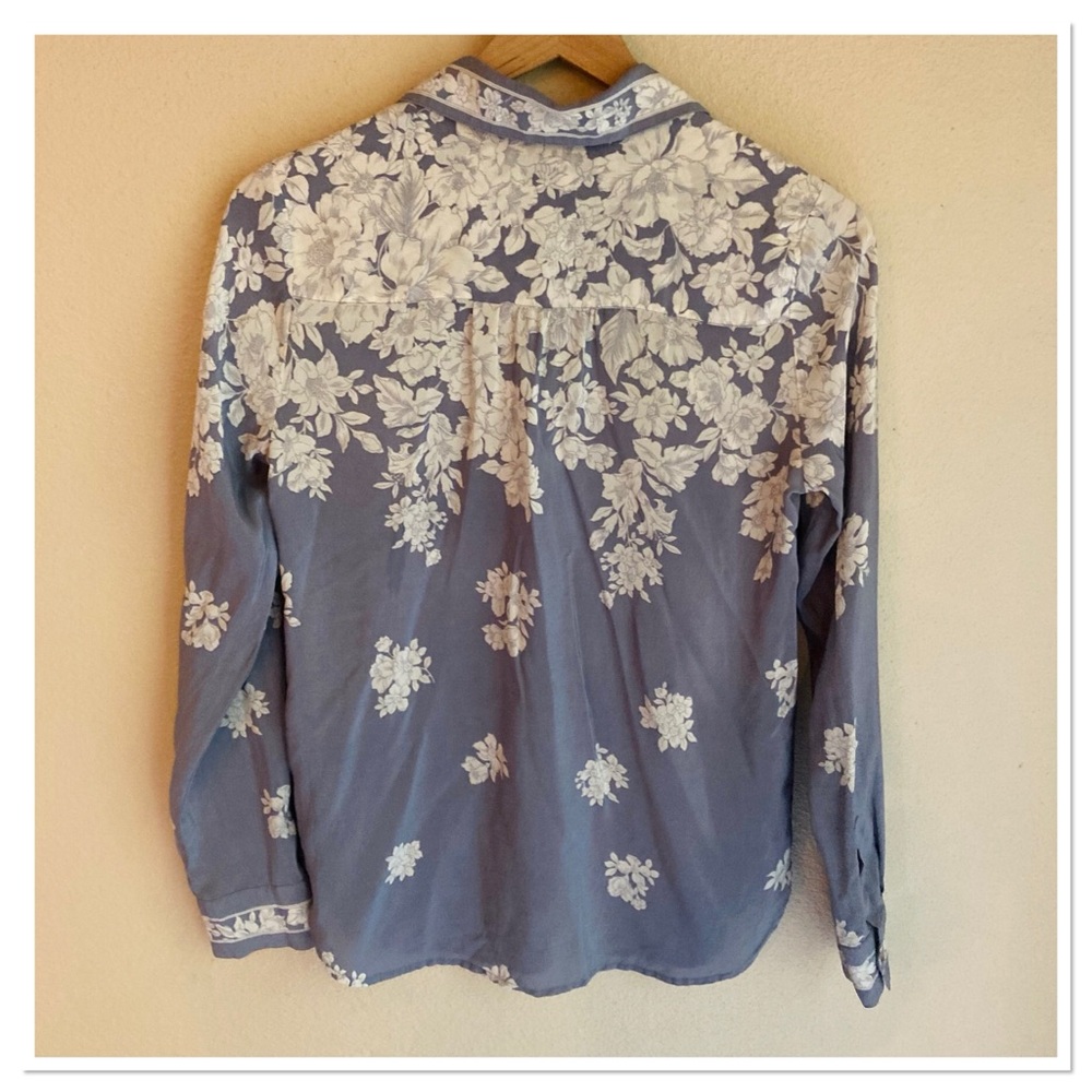 Anthropologie Maeve Rosalee Silk Button Up Front Shirt Floral Blue White Size 4 - Picture 7 of 10